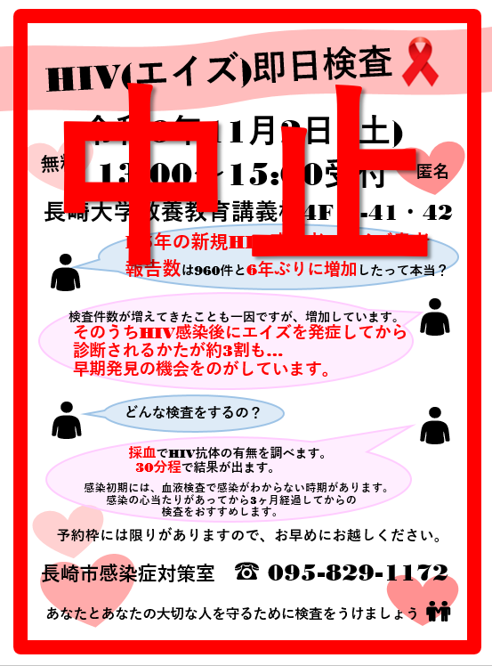 【中止】11月2日（土曜日)午前1時から3時の長大祭HIV(エイズ）即日出前検査のチラシ