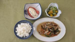 ごはん・魚のあんかけ・トマトサラダ・春雨の酢の物の写真