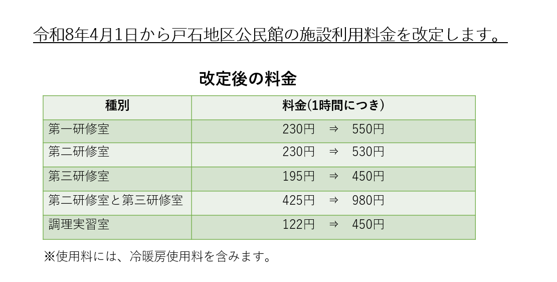 戸石地区公民館料金改定のお知らせ