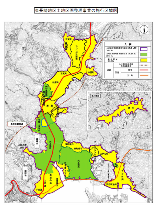東長崎土地区画整理事業の事業区域（クリックすると拡大します）