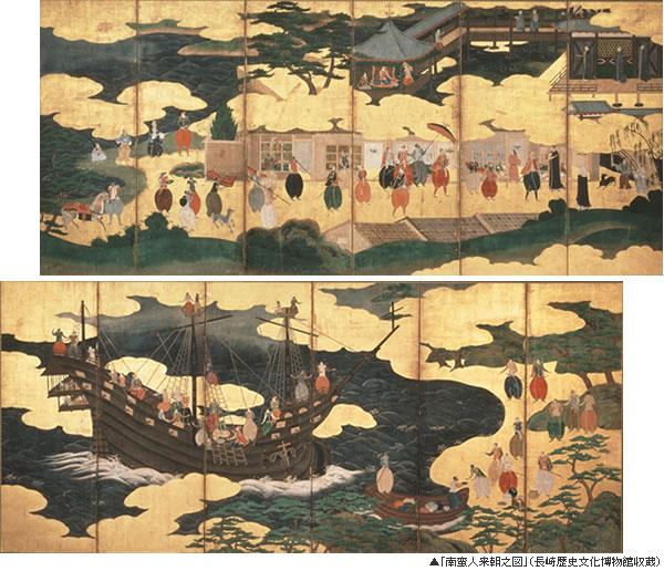 「南蛮人来朝之図」（上：右隻、下：左隻）